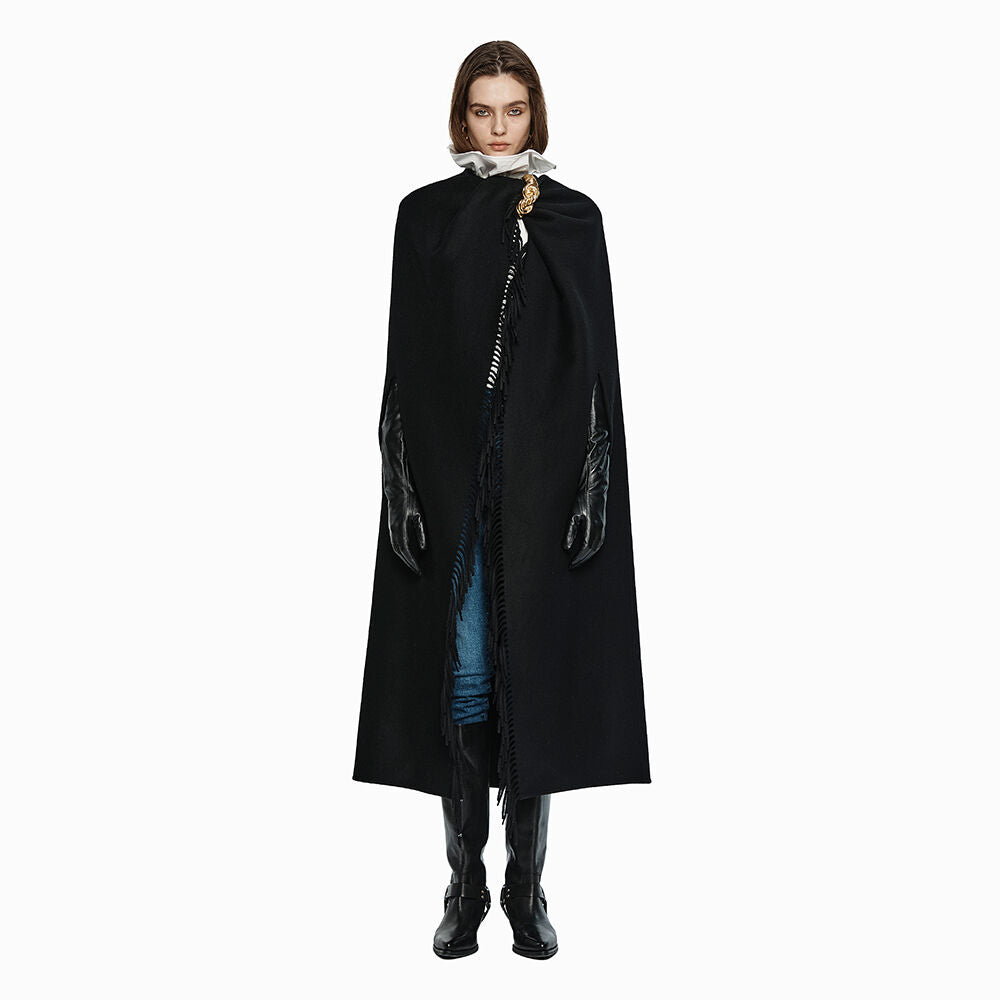 YCH FRINGED WOOL-BLENDED CAPE BLACK (W24OT0041BK)