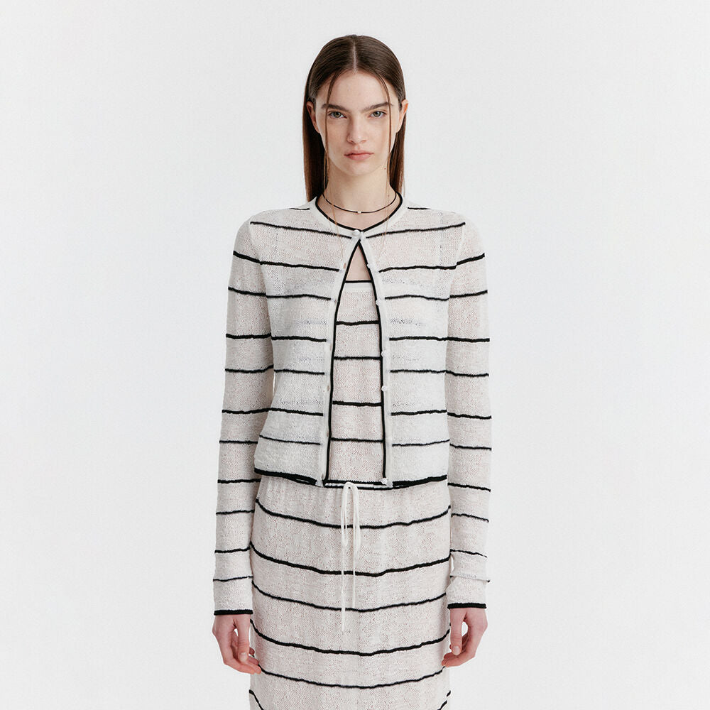 EENK YOZO Jacquard Stripe Knit Cardigan - Ivory/Black