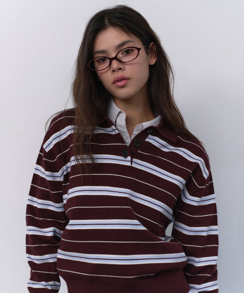 MUSINSA STANDARD WOMAN MUSINSA STANDARD WOMAN Women's Multi-Stripe Collared Knit [Burgundy] Size