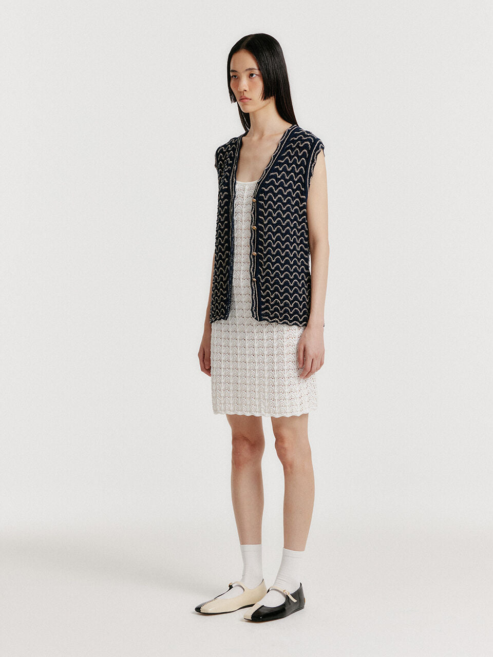 EENK EENK YUTA Lace Textured Knit Vest - Navy/Cream
