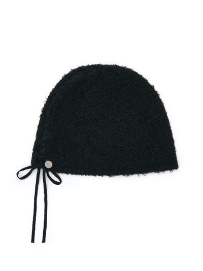MATIN KIM RIBBON TIE KNIT BEANIE in Black