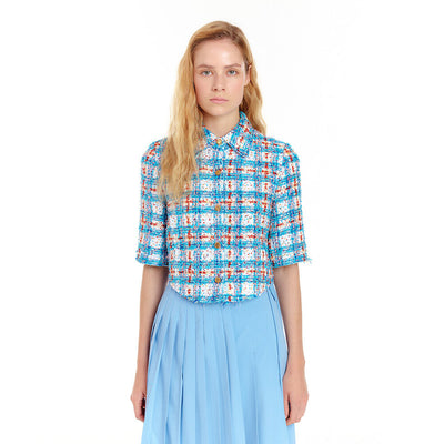 URIAH Tweed Crop Shirt - Blue Multi