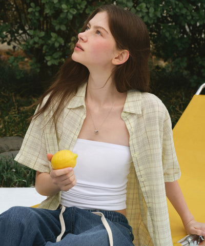 MUSINSA STANDARD WOMAN Women's Oversized Crinkle Check Short Sleeve Shirt [Lemon]