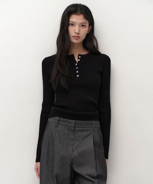 MUSINSA STANDARD WOMAN MUSINSA STANDARD WOMAN Women's Ribbed Slim Henley Neck Knit [Black]