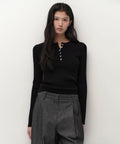 MUSINSA STANDARD WOMAN MUSINSA STANDARD WOMAN Women's Ribbed Slim Henley Neck Knit [Black]