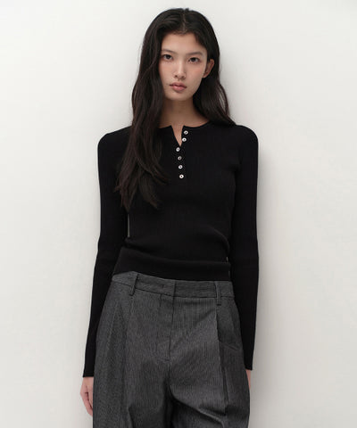 MUSINSA STANDARD WOMAN Women's Ribbed Slim Henley Neck Knit [Black]