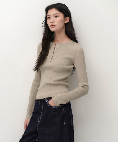 MUSINSA STANDARD WOMAN Women's Ribbed Slim Henley Neck Knit Light Beige