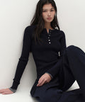 MUSINSA STANDARD WOMAN MUSINSA STANDARD WOMAN Women's Ribbed Slim Henley Neck Knit [Navy]