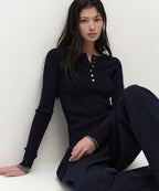MUSINSA STANDARD WOMAN MUSINSA STANDARD WOMAN Women's Ribbed Slim Henley Neck Knit [Navy]