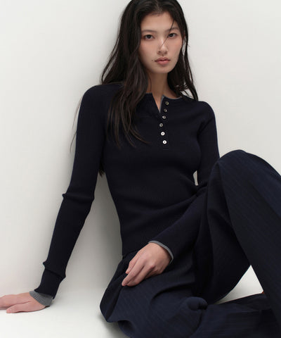 MUSINSA STANDARD WOMAN Women's Ribbed Slim Henley Neck Knit [Navy]