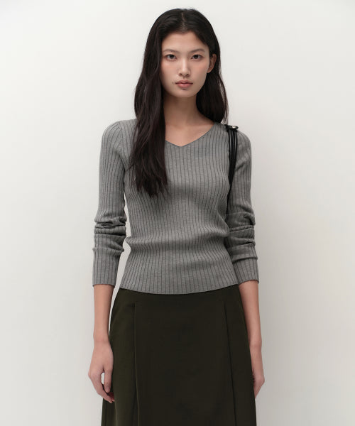 MUSINSA STANDARD WOMAN MUSINSA STANDARD WOMAN Women's Wide Ribbed Slim V Neck Knit [Medium Gray]