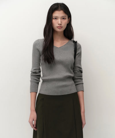 MUSINSA STANDARD WOMAN Women's Wide Ribbed Slim V Neck Knit [Medium Gray]