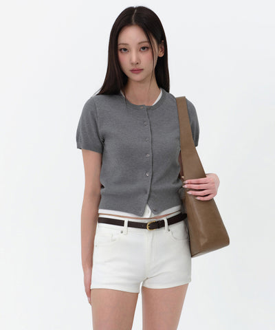 MUSINSA STANDARD WOMAN Women's Essential Round Neck Short Sleeve Cardigan [Medium Gray]
