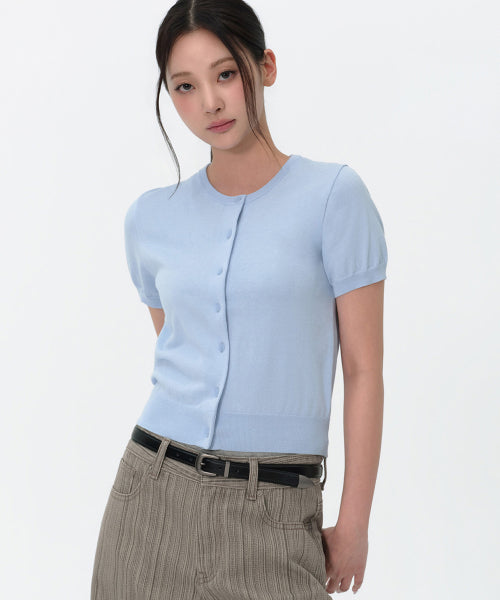 MUSINSA STANDARD WOMAN MUSINSA STANDARD WOMAN Women's Essential Round Neck Short Sleeve Cardigan (Sky Blue)