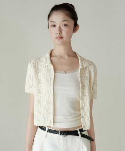 MUSINSA STANDARD WOMAN Cardigan Square Crochet Collared Butter Cream