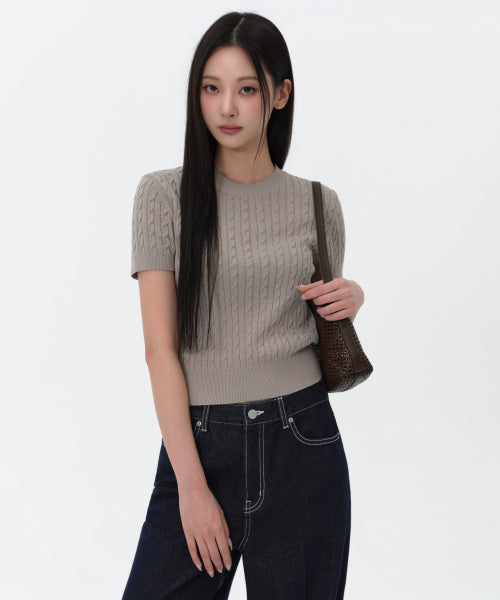 MUSINSA STANDARD WOMAN MUSINSA STANDARD WOMAN Women's Cable Crew Neck Short Sleeve Knit Light Warm Gray