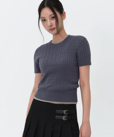 MUSINSA STANDARD WOMAN Women's Cable Crew Neck Short Sleeve Knit [Blue Gray]