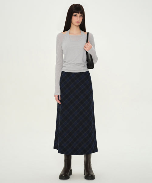 MUSINSA STANDARD WOMAN MUSINSA STANDARD WOMAN Ombre Check Maxi Skirt (Navy)