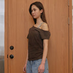 RHEME [3rd Reorder] Off Shoulder Basic T-Shirt - Brown