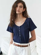 THE RYE U-Neck Button T-Shirt(Navy)