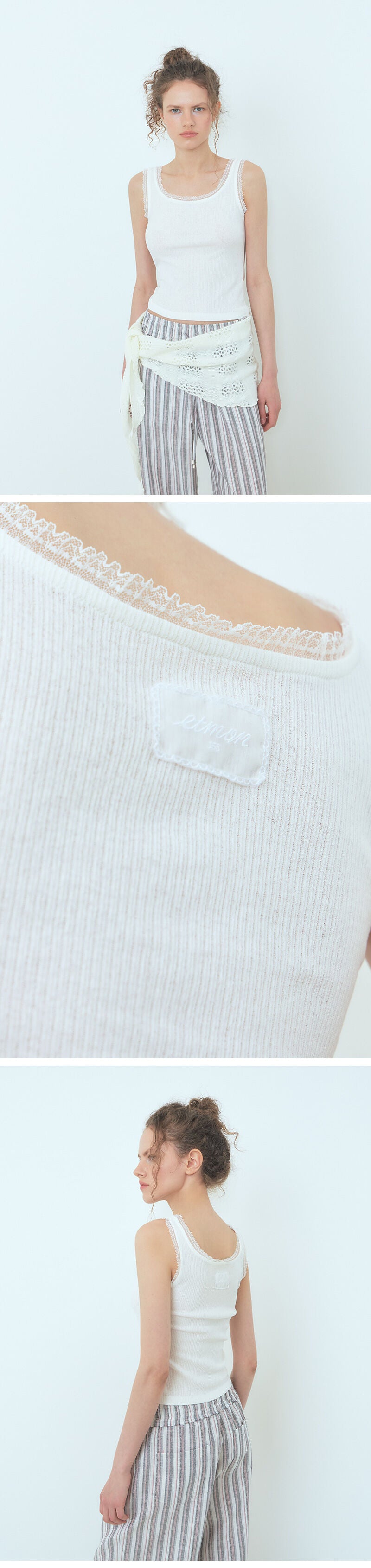 ETMON Lace Ribbed Sleeveless Top, White