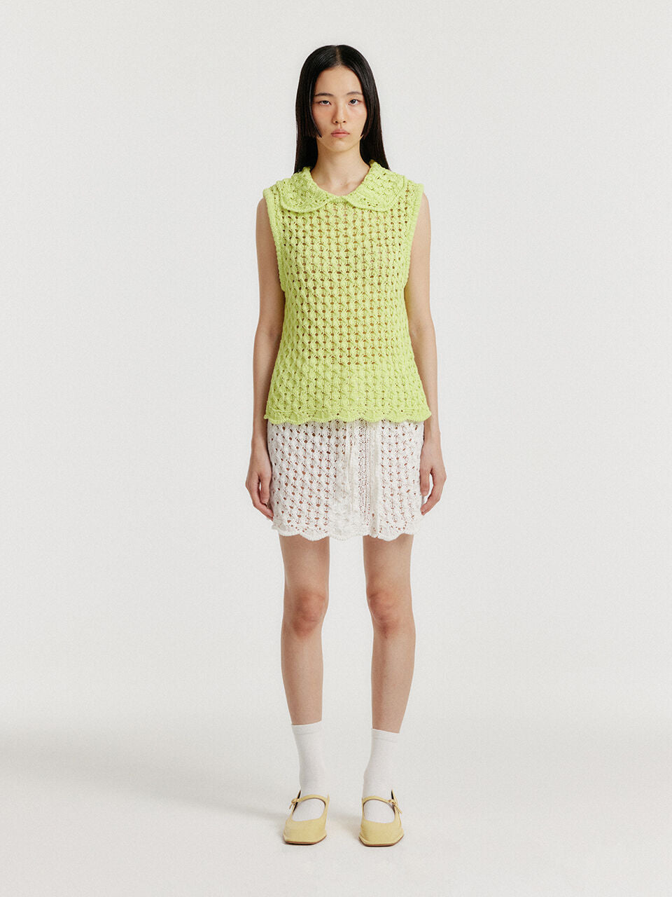 EENK YELT Cable Knit Collared Top - Yellow Green