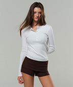MUSINSA STANDARD WOMAN MUSINSA STANDARD WOMAN Women's Ribbed Slim Henley Neck Long Sleeve T-Shirt (White)
