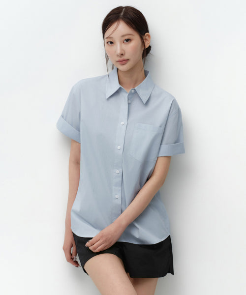 MUSINSA STANDARD WOMAN MUSINSA STANDARD WOMAN Relaxed Soft Poplin Short Sleeve Shirt (Sky Blue)