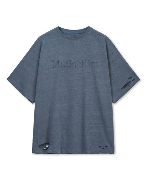 MATIN KIM MATIN KIM Distressed Logo T-Shirt in Smoke Blue