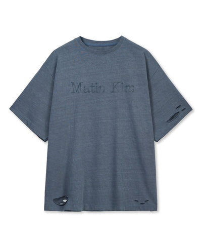 MATIN KIM Distressed Logo T-Shirt in Smoke Blue