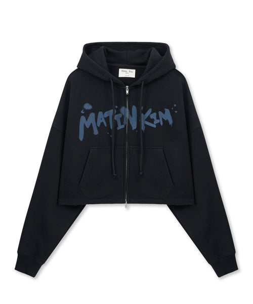 MATIN KIM MATIN KIM Graffiti Logo Crop Hoody Zip Up in Black