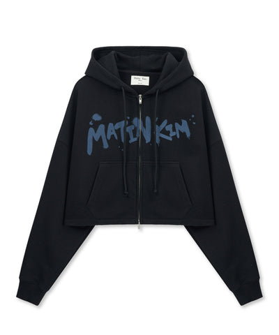 MATIN KIM Graffiti Logo Crop Hoody Zip Up in Black