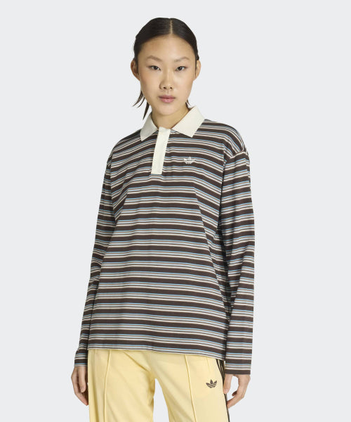 ADIDAS ADIDAS Striped Oversized Long Sleeve Polo T-Shirt - Aura Coffee