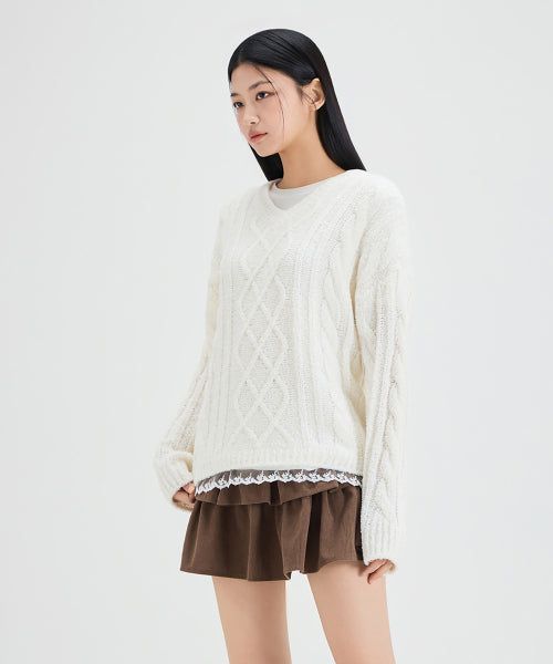 MIXXO MIXXO V-neck Lace Cable Pullover S