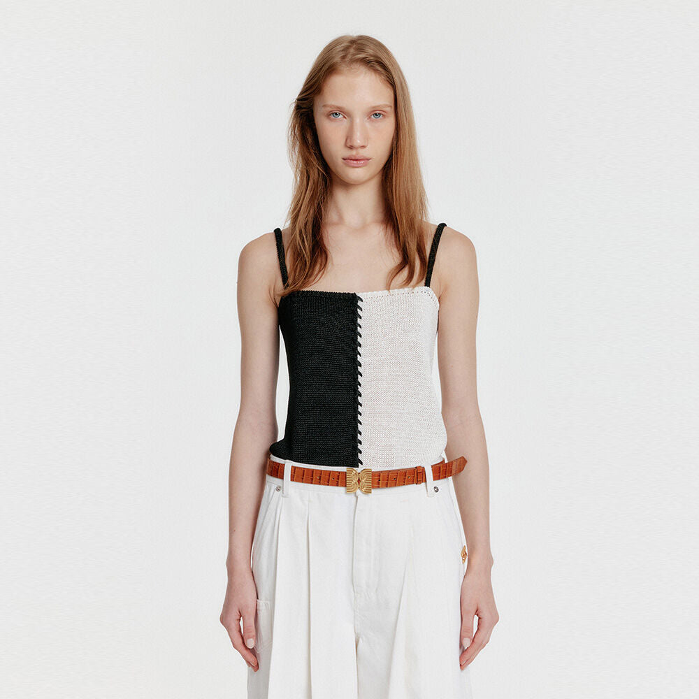 EENK [Wearing Hyomin] YON Stitched Color Block Knit Top - Black/White
