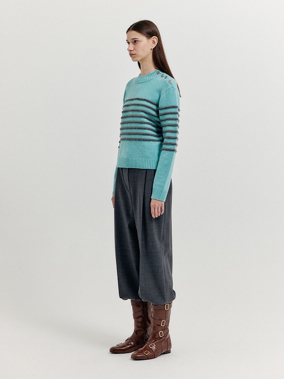 EENK EENK XTRIPE Stripe 4 Buttons Knit Top - Blue Grey