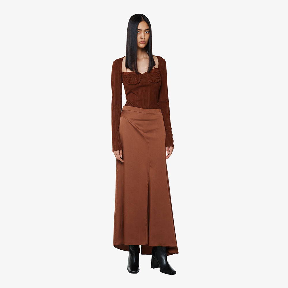 YCH ASYMMETRIC SIDE-SLIT FLARED SKIRT CAMEL (F24SK5101CM)