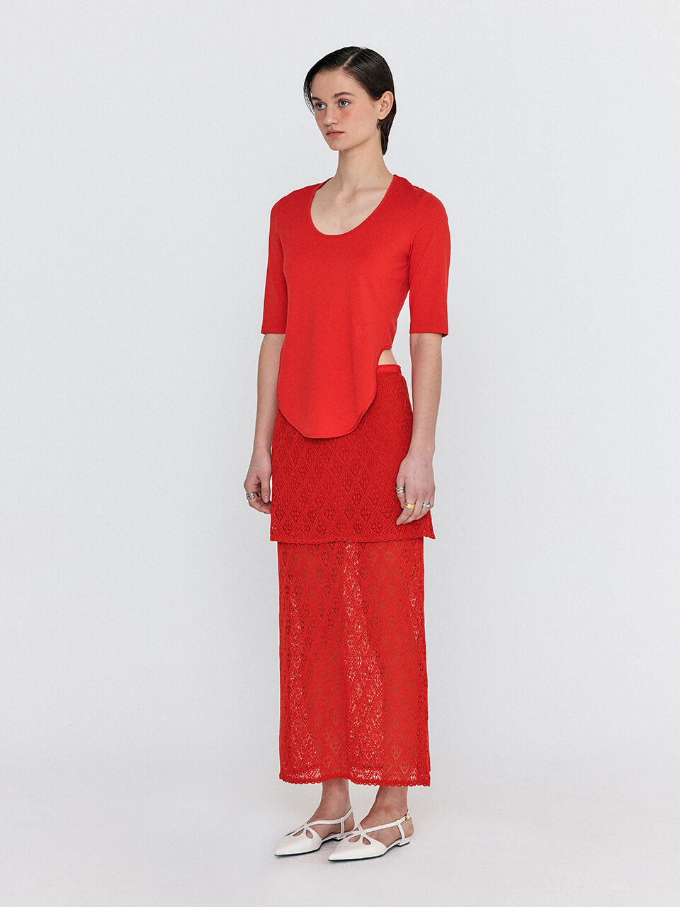 EENK EENK WIONY Diamond-Lace Layered Knit Skirt - Red