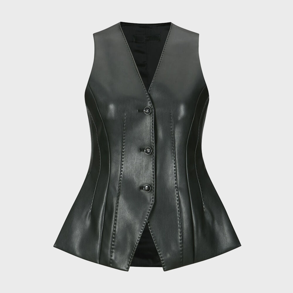 YCH FAUX LEATHER SLIMFIT VEST BLACK (W24VT3021BK)