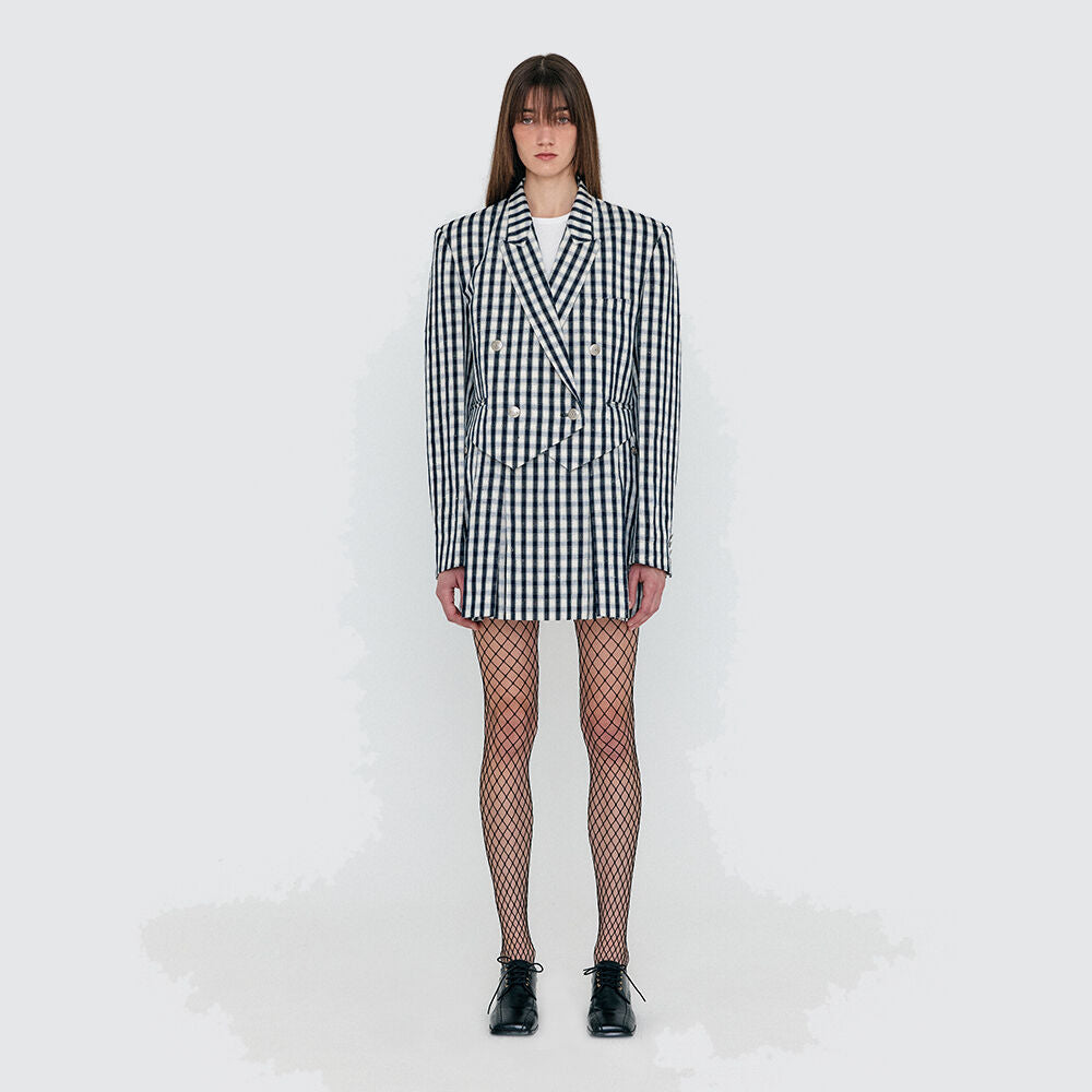 EENK EENK WENDEL Double-Belted Pleated Mini Skirt - Ivory/Navy Check