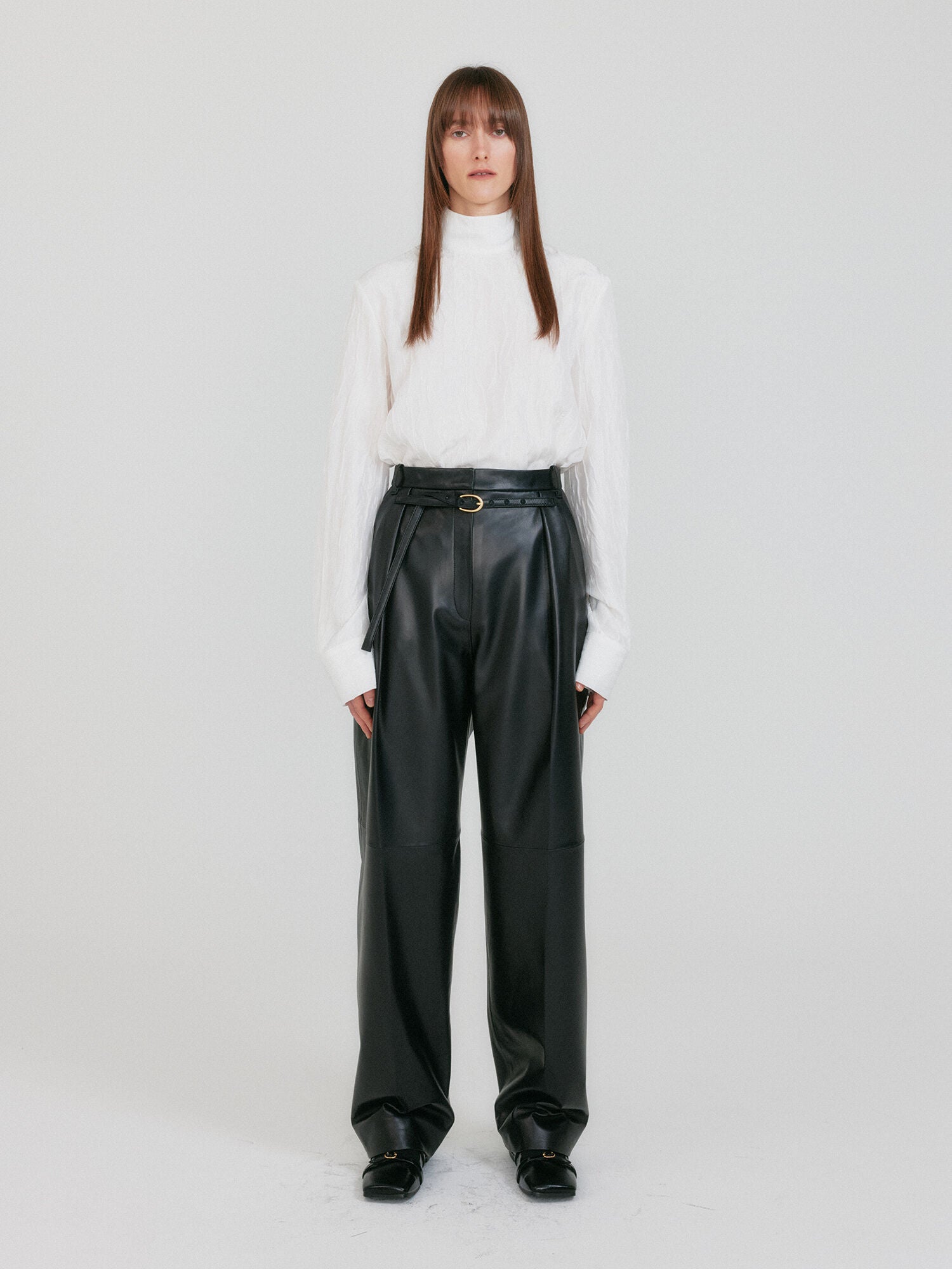 EENK ZETTE Belted Tuck Leather Pants - Z-Black