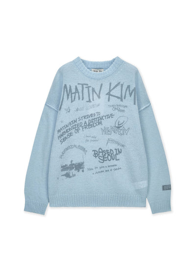 MATIN KIM Graffiti Artwork Knit Pullover in Light Blue