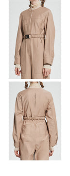 WOVEMENT High Rise Cotton Jumpsuit Beige WBAFJS002BE