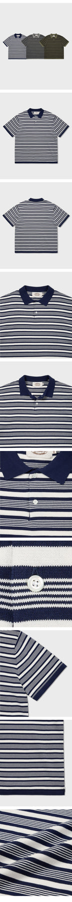 AMFEAST 70s Multi Stripe Cotton Knit Polo Shirts Navy