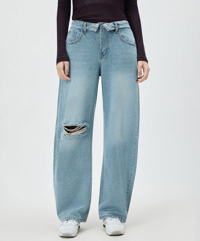 MIXXO Denim Curved Obi Turn-Up Pants