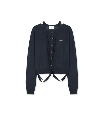 MATIN KIM STRING DETAIL KNIT CARDIGAN in Dark Navy