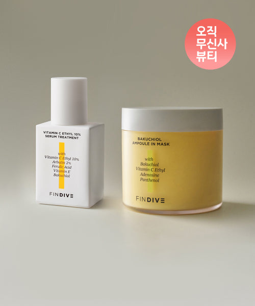 FINDIVE White Shot Vitamin C Echil Set (Vitamin C Echil 10% Serum Treatment 30ml + Bakuchiol Ampoule in Mask 200ml)