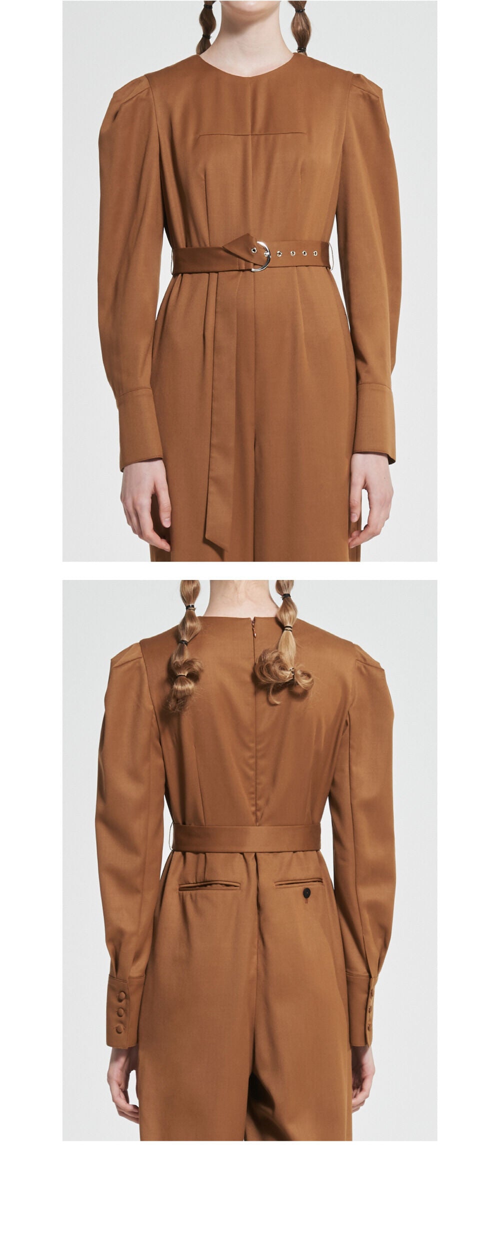 WOVEMENT Belted Wool Jumpsuit Brown WBAFJS001BR