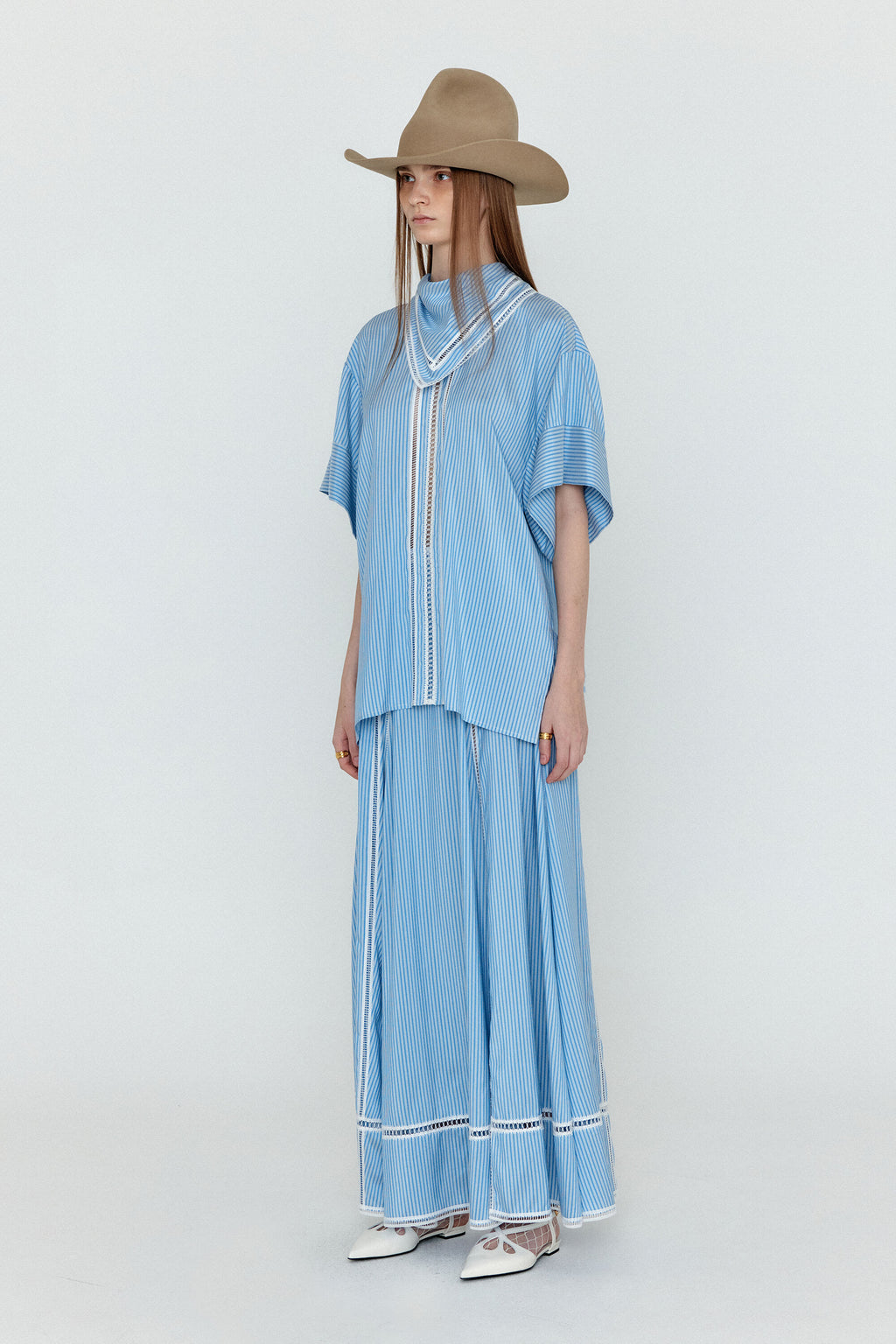 EENK EENK WOVIA Short Sleeve Scarf Blouse - Skyblue Stripe