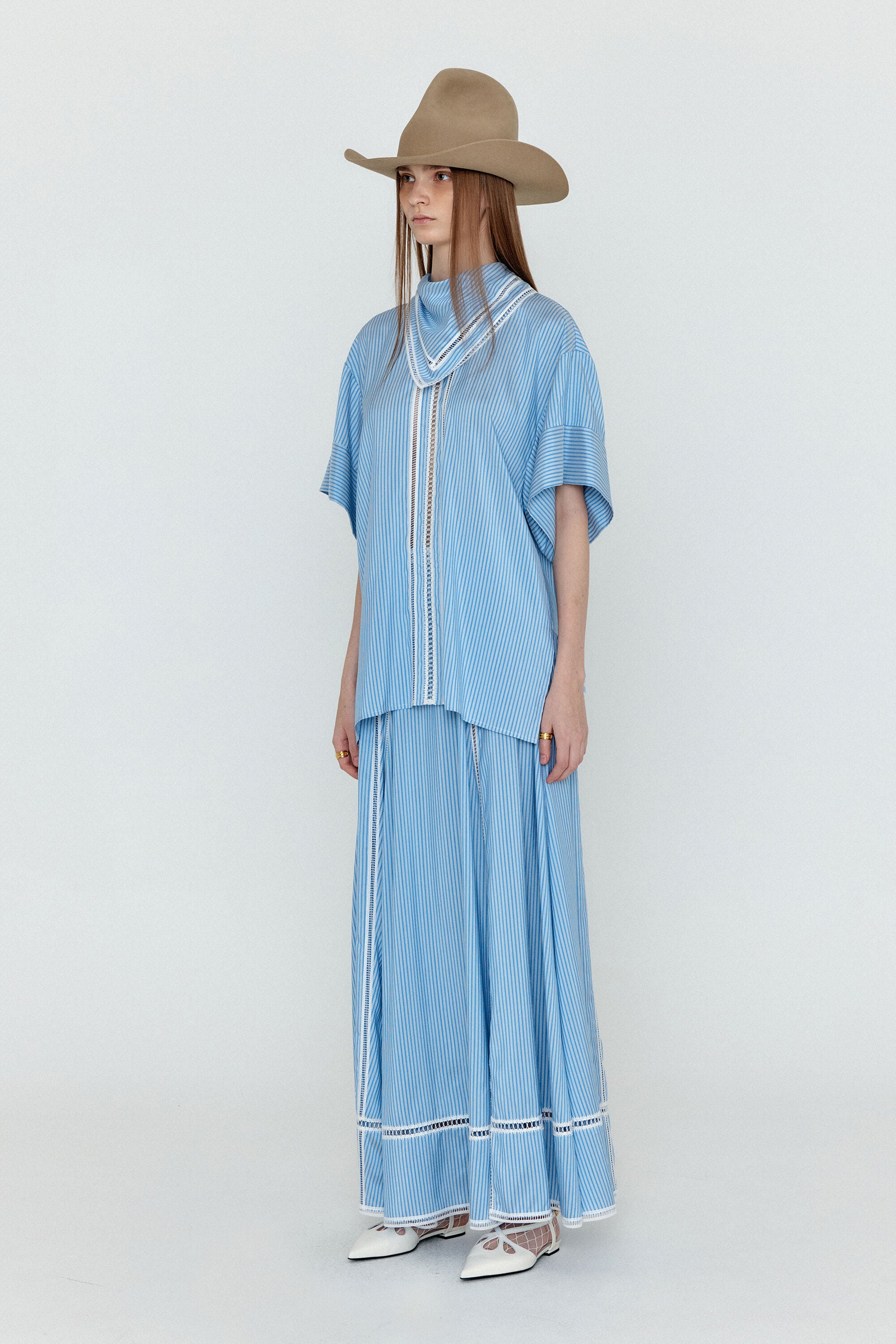 EENK EENK WOVIA Short Sleeve Scarf Blouse - Skyblue Stripe